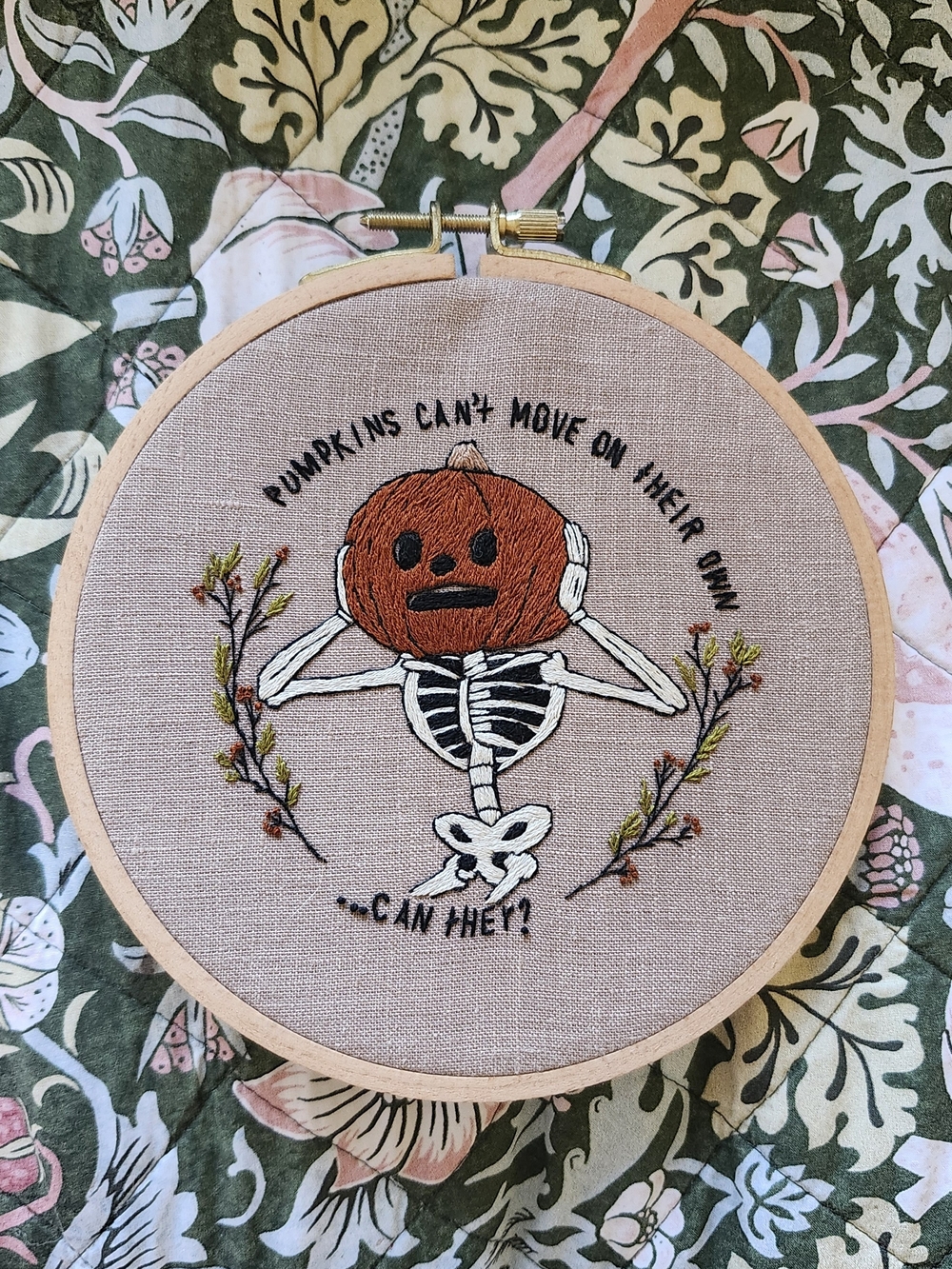 Embroidered Pumpkin-Head Skeleton Hoop Art - Burnt Orange & Cream
